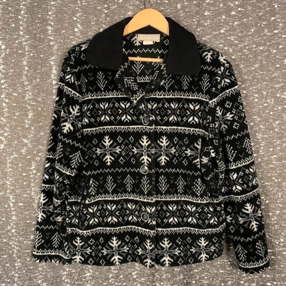 Vintage Studio Works Snowflake Fleece Cardigan Sweater Cabincore‎ Women's Small